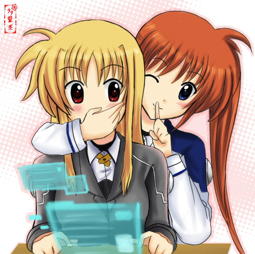 blue_eyes, blush, fate_testarossa, gagged, hand_gag, hand_over_mouth, highres, long_hair, mahou_shoujo_lyrical_nanoha, red_eyes, red_hair, redhead, sakuya_so, takamachi_nanoha