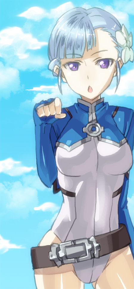 blue_hair, bodysuit, cloud, fin_e_ld_si_laffinty, flower, gia_kon, hair_flower, hair_ornament