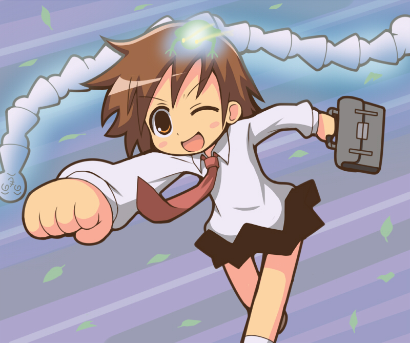 bag, blush_stickers, briefcase, brown_eyes, brown_hair, clenched_hand, frog, glowing