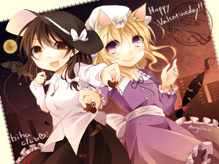 animal_ears, blonde_hair, brown_eyes, brown_hair, cat_ears, chocolate, gap, hair_ribbon