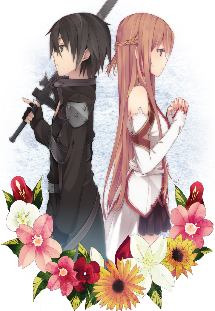1girl, asuna_(sao), back-to-back, bad_id, black_hair, brown_eyes, brown_hair, detached_sleeves