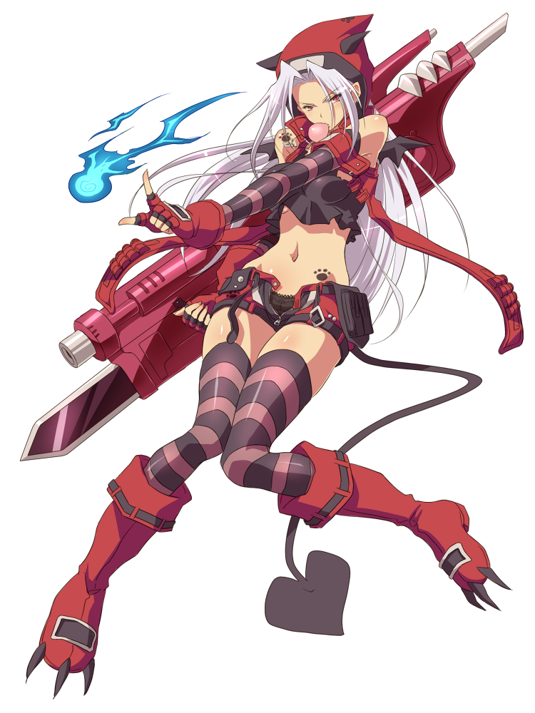 1girl, alternate_form, arai_nobu, blush, bubblegum, chloe_fleurage, demon_tail, elbow_gloves, fingerless_gloves, flame, frode_grim-reaper, gloves, gun, heart, heart_tail, hoodie, long_hair, midriff, navel, original, paw_print, red_eyes, shiny, shiny_skin, shorts, silver_hair, simple_background, solo, striped, striped_legwear, tail, thighhighs, undressing, unzipped, weapon, white_background
