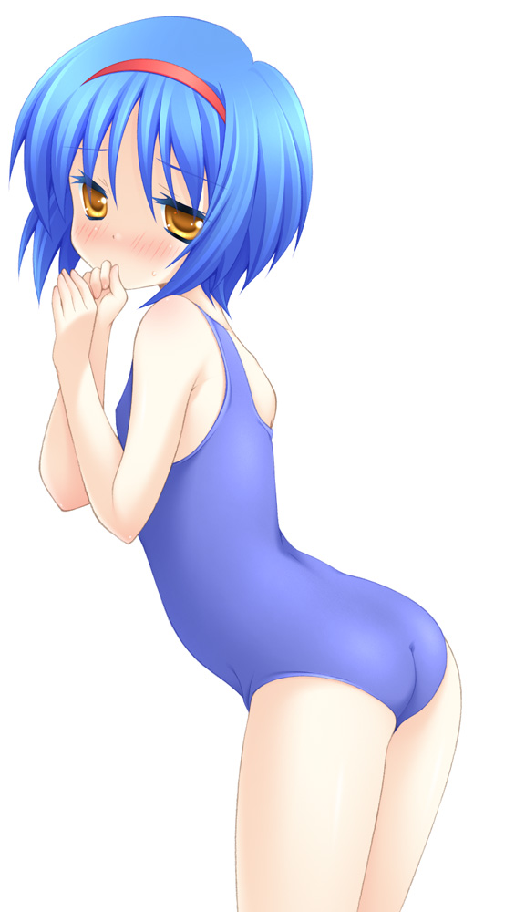 bad_id, blue_hair, blush, hairband, hisane, little_busters!!, nishizono_mio, school_swimsuit