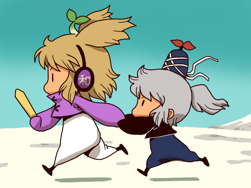 alternate_costume, alternate_costumes, brown_hair, earmuffs, final_fantasy, final_fantasy_xi, green_hair, hat, headphones, mandragora_(final_fantasy), mononobe_no_futo, multiple_girls, object_on_head, onikobe_rin, pants, plant_on_head, ponytail, ritual_baton, short_hair, tate_eboshi, touhou, toyosatomimi_no_miko