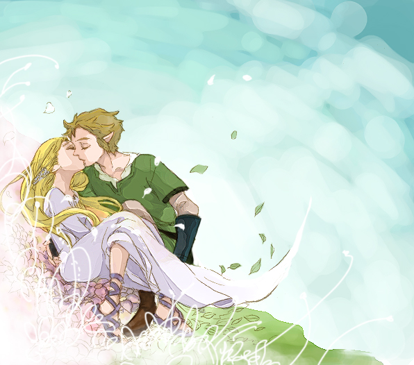 1girl, arm_guards, blonde_hair, boots, closed_eyes, couple, dress, eyes_closed, flower, gloves, grass, kiss, leaf, leaves, link, long_hair, long_sleeves, love, nintendo, pointy_ears, princess_zelda, sandals, short_hair, sky, skyward_sword, the_legend_of_zelda, warami, windy