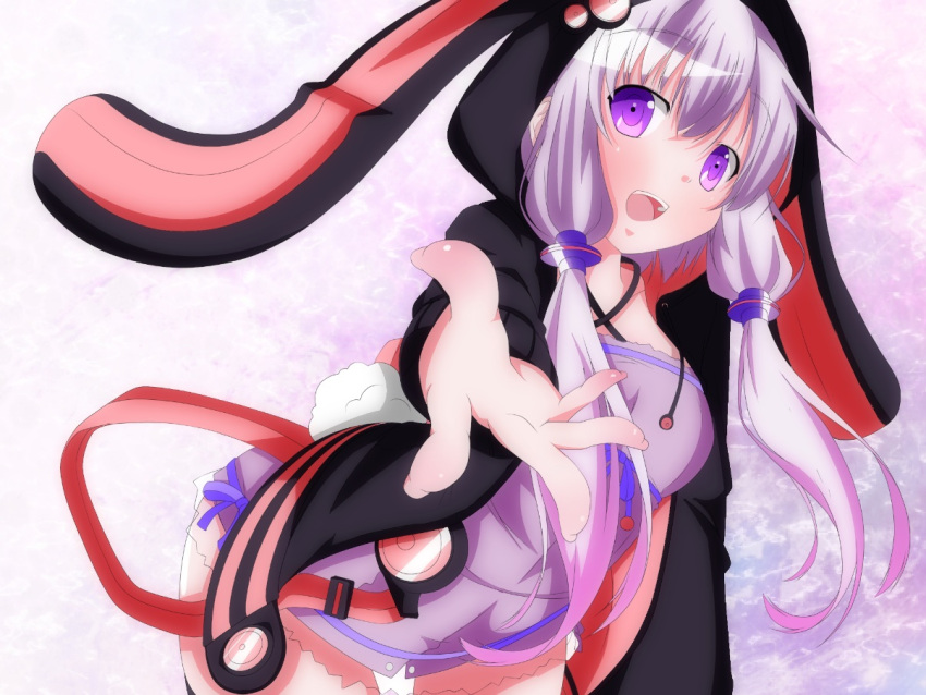 :d, bunny_tail, colored, dress, hooded_jacket, hoodie, jacket, long_hair, open_mouth, outstretched_hand, purple_eyes, purple_hair, smile, solo, tail, tsukigami_chiruyo_(zeroko), twintails, violet_eyes, vocaloid, yuzuki_kei, yuzuki_yukari, zerostyle09