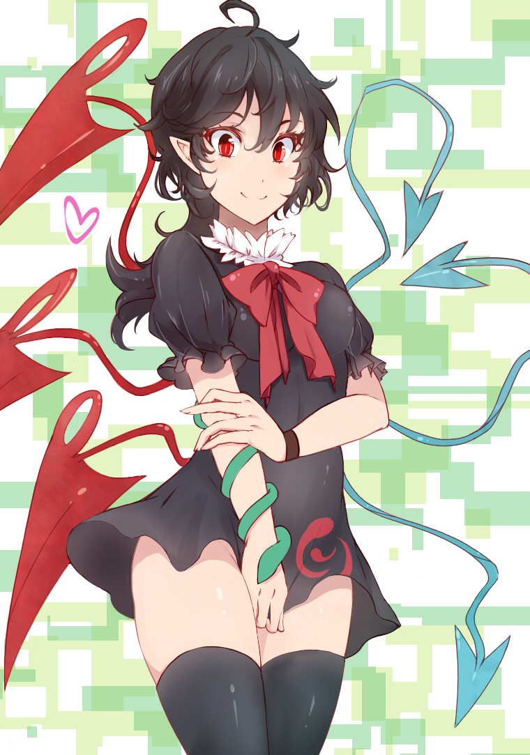 ahoge, asymmetrical_wings, black_dress, black_hair, black_legwear, bow, dress, dress_tug, heart, holding_arm, houjuu_nue, no_panties, pointy_ears, red_eyes, short_hair, smile, snake, solo, takaharu, thigh-highs, thighhighs, touhou, wings, zettai_ryouiki