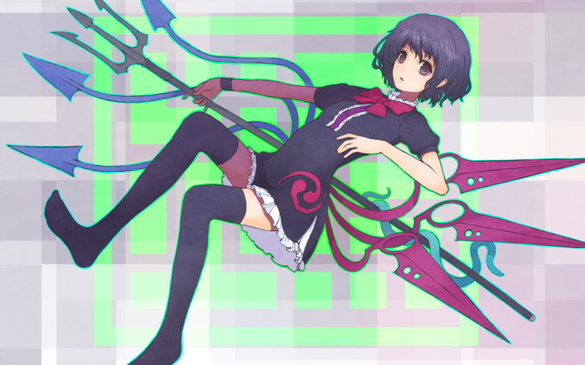 aoyagi_neko, asymmetrical_wings, black_hair, black_legwear, dress, houjuu_nue, polearm, red_eyes