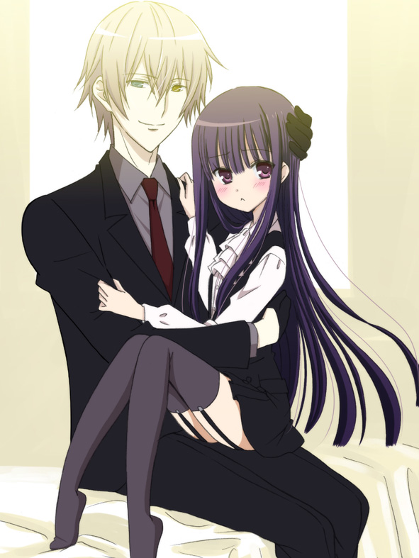 1girl, black_gloves, black_legwear, blonde_hair, blush, couple, dress, formal, garter_belt, gloves, half_gloves, heterochromia, inu_x_boku_ss, long_hair, miketsukami_soushi, necktie, ootaka_narumi, purple_eyes, purple_hair, shirakiin_ririchiyo, short_hair, sitting, smile, suit, thigh-highs, thighhighs, violet_eyes