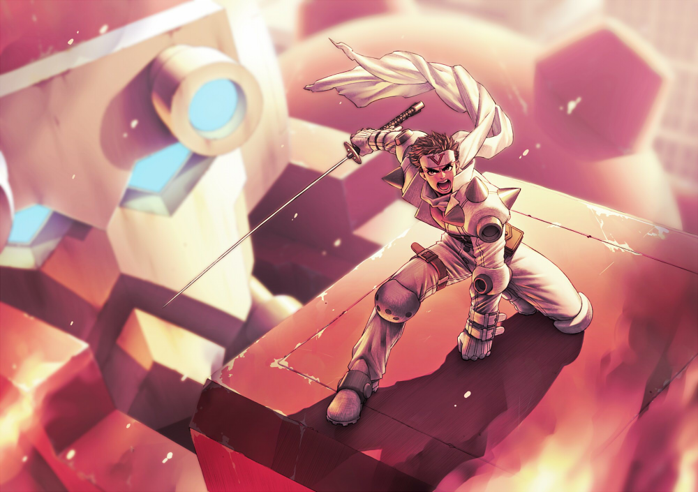 capcom, clothes_writing, cyberbots, gloves, headband, kneeling, open_mouth, robot, saotome_jin, scarf, spiked_shoulders, sword, weapon, yorozu