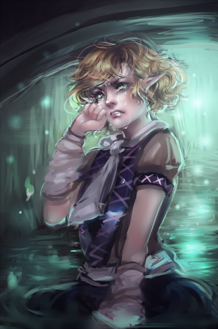 angry, blonde_hair, hand_on_own_face, mizuhashi_parsee, sheryth, solo, tears, touhou
