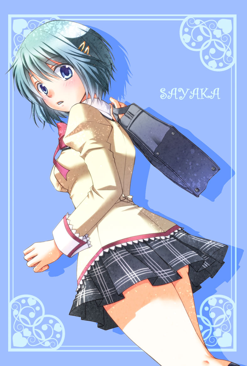 bag, blue_eyes, blue_hair, hair_ornament, hairclip, mahou_shoujo_madoka_magica, miki_sayaka, school_uniform, short_hair, skirt, solo, souka_senbei