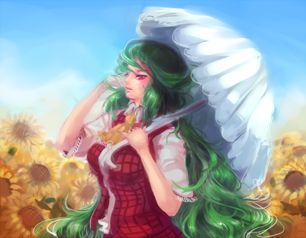 adjusting_hair, ascot, flower, green_hair, kazami_yuuka, kazami_yuuka_(pc-98), lips, long_hair