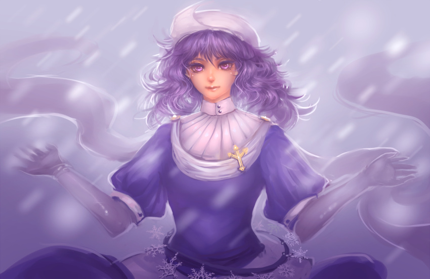 adapted_costume, elbow_gloves, gloves, hat, lavender_eyes, lavender_hair, letty_whiterock, light_smile