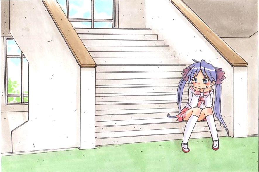 artist_request, blue_eyes, blue_hair, hiiragi_kagami, indoors, long_hair, lucky_star, rodeorodeo