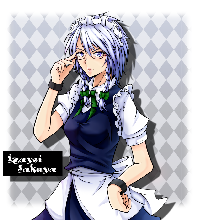 bespectacled, blue_eyes, bracelet, braid, character_name, glasses, hand_on_hip, hips