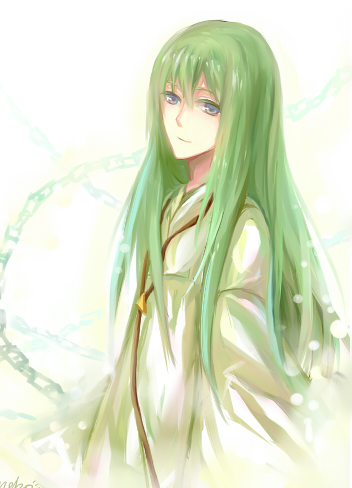 androgynous, blue_eyes, enkidu_(fate/strange_fake), fate/strange_fake, fate_(series), green_hair, long_hair, male