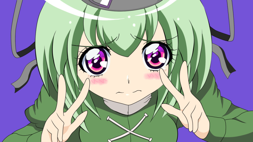 blush, cure_peace_pose, double_v, dress, green_dress, green_hair, hat, long_sleeves