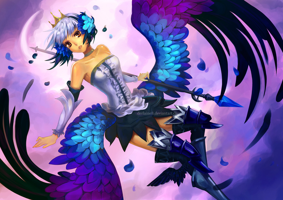 brown_eyes, crown, derlaine, gwendolyn, low_wings, odin_sphere, polearm, short_hair