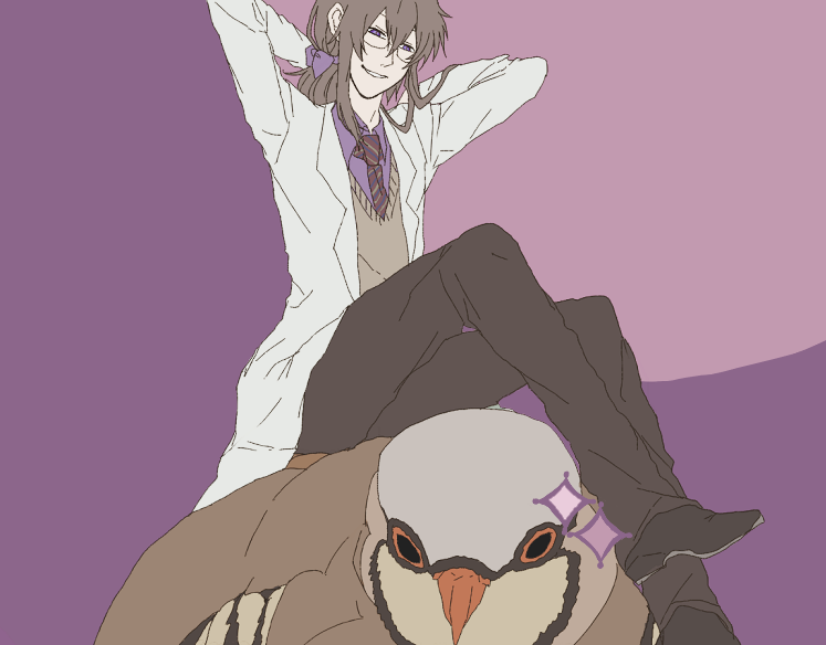 bad_id, bird, bow, brown_hair, hair_bow, hatoful_kareshi, iwamine_shuu, labcoat