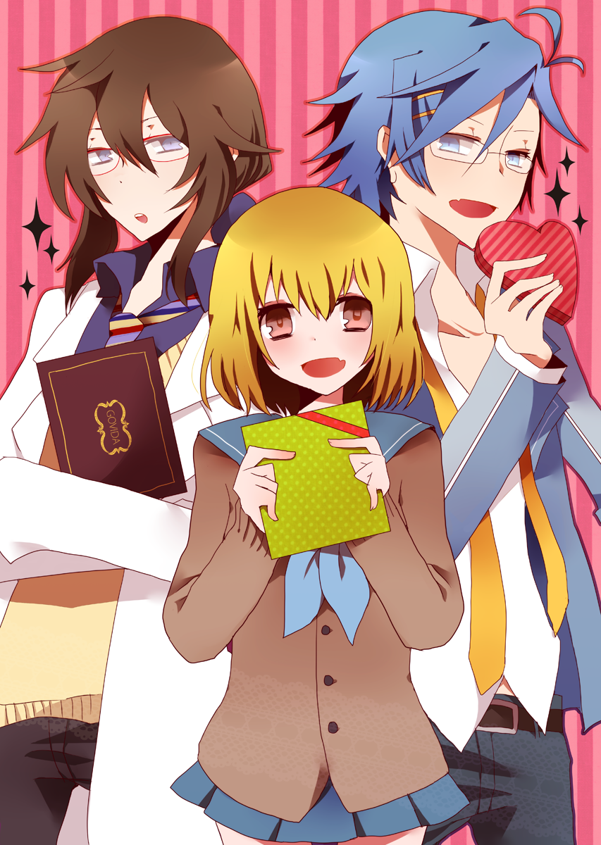 2boys, :d, areco_kagu, blue_eyes, blue_hair, blush, brown_eyes, brown_hair