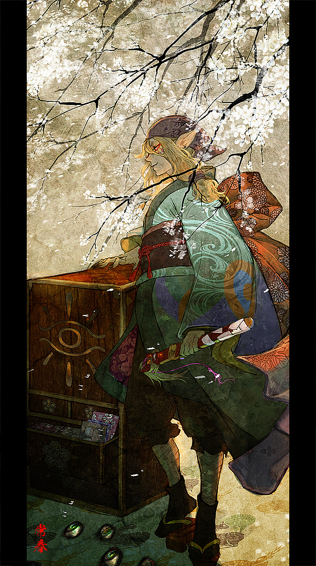 artist_name, bad_id, bandana, bandanna, blonde_hair, box, facepaint, japanese_clothes, kusuriuri_(mononoke), male, mogusa_tsuneharu, mononoke, pointy_ears, signature, skey, solo