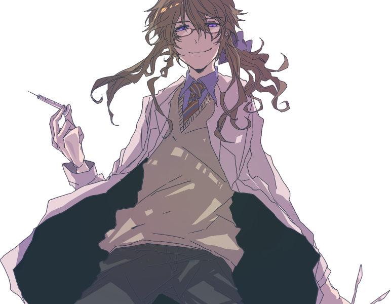 bad_id, bow, brown_hair, glasses, hair_bow, hatoful_kareshi, iwamine_shuu, labcoat