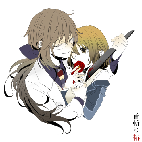 1girl, blood, bow, brown_hair, closed_eyes, couple, eyes_closed, flower