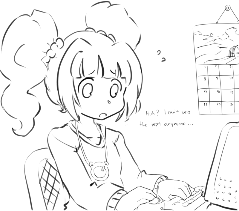 calendar_(object), computer, computer_keyboard, computer_mouse, drawfag, english, frog, hair_bobbles, hair_ornament, idolmaster, jewelry, monochrome, necklace, solo, sopa, takatsuki_yayoi, twintails