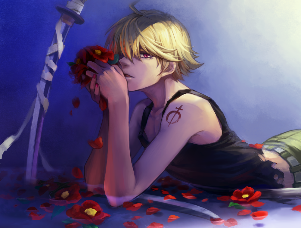 bandage, bandages, blonde_hair, flower, ivan_karelin, kame4282, katana, male