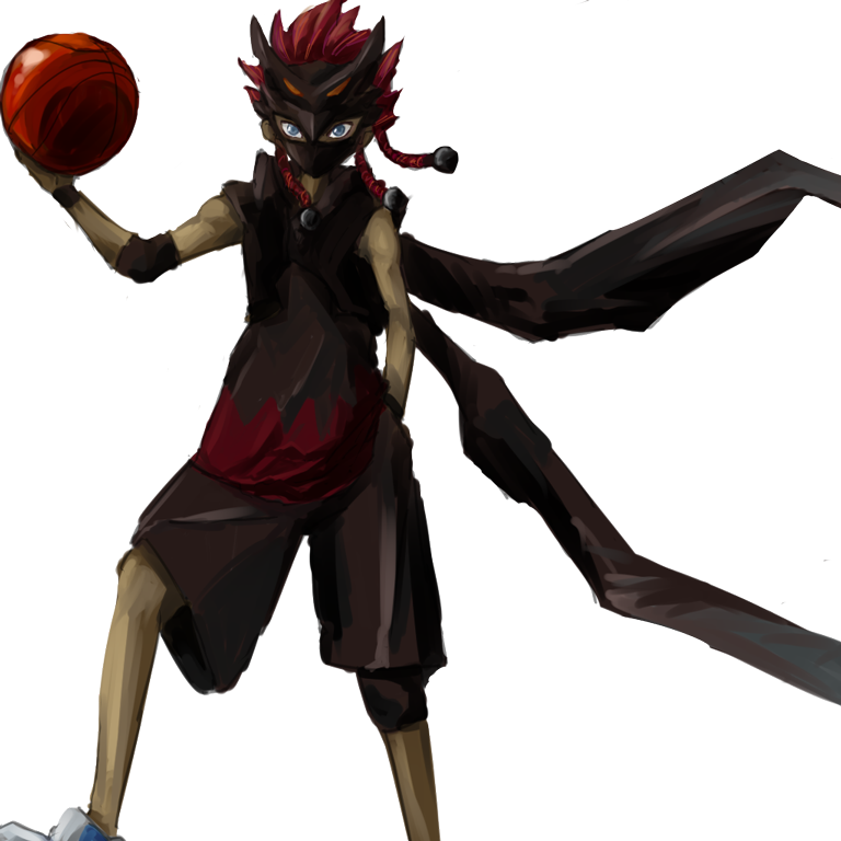 basketball, basquash!, blue_eyes, dan_jd, dark_skin, dunk_mask, elbow_pads, hand_in_pocket, kenaph, knee_pads, male, mask, red_hair, redhead, shorts, solo, spiked_hair, spiky_hair, white_background