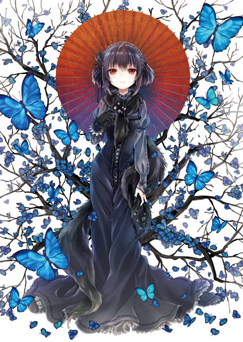 b.a.d., black_hair, branch, butterfly, character_request, dress, fur, gloves, kona_(canaria), looking_at_viewer, mayuzumi_azaka, nail_polish, official_art, oriental_umbrella, over_shoulder, red_eyes, scarf, short_hair, single_glove, solo, standing, umbrella