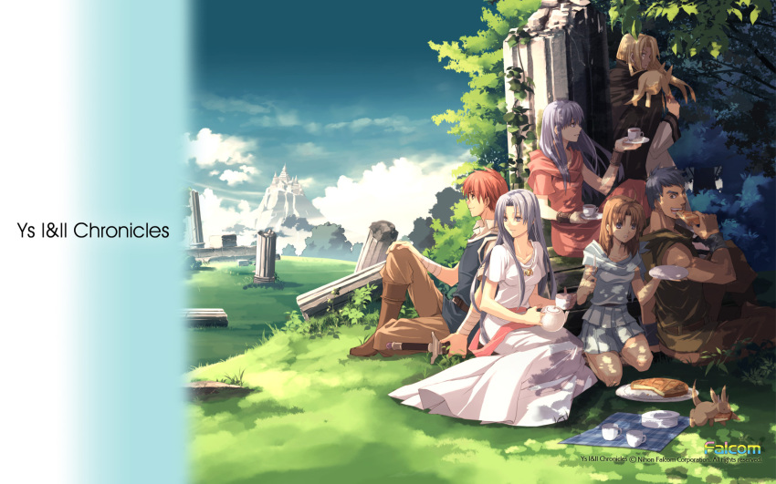 1920x1200, 3girls, adol_christin, blonde_hair, blue_hair, boots, brown_hair, castle, character_request, cup, dark_fact, deis, dogi, eating, falcom, feena_(ys), highres, lilia, long_hair, multiple_boys, multiple_girls, official_art, outdoors, pants, pie, pillar, plate, reah, red_hair, redhead, short_hair, siblings, sisters, sitting, sky, tea, teacup, twins, wallpaper, ys, ys_i, ys_ii