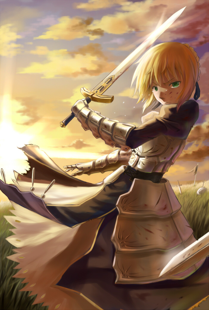 ahoge, armor, armored_dress, blonde_hair, blood, dress, excalibur, fate/stay_night