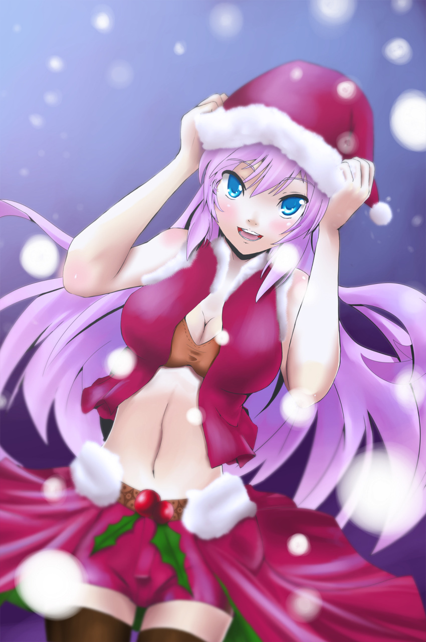 aqua_eyes, blush, bra, breasts, christmas, cleavage, des-arms, fur_trim