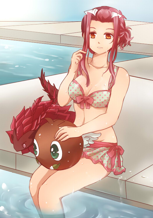 alternate_hairstyle, bikini, bikini_skirt, black_rose_dragon, bow, breasts, chibi, cleavage