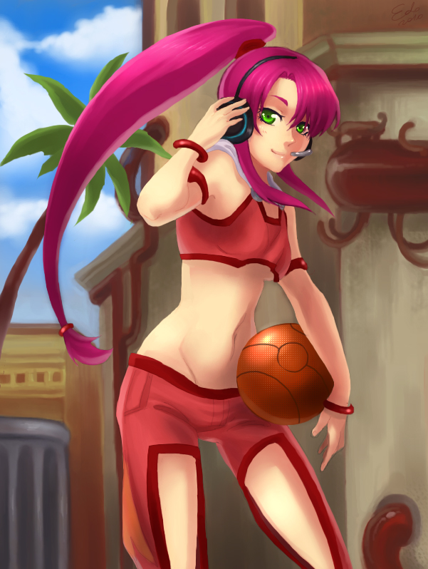 1girl, armlet, bangle, basketball, basquash!, crop_top, flat_chest, green_eyes