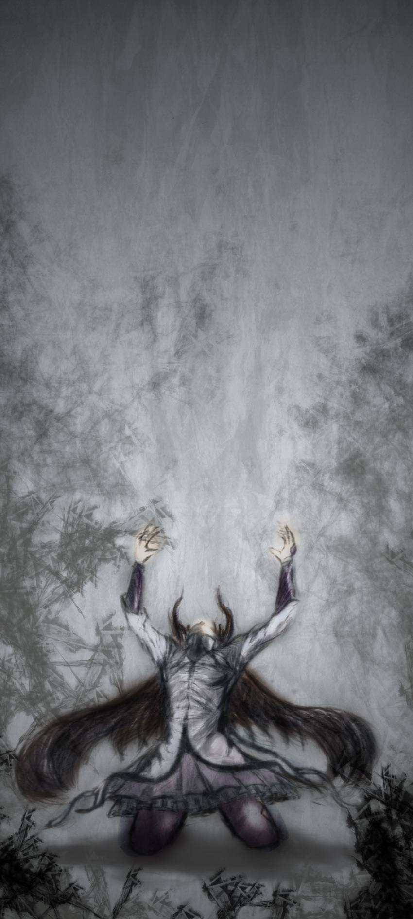 absurdres, akemi_homura, arms_up, black_hair, despair, drawfag, head_back, highres, kneeling, long_hair, long_image, magical_girl, mahou_shoujo_madoka_magica, pantyhose, parody, platoon, solo, tall_image, very_long_hair