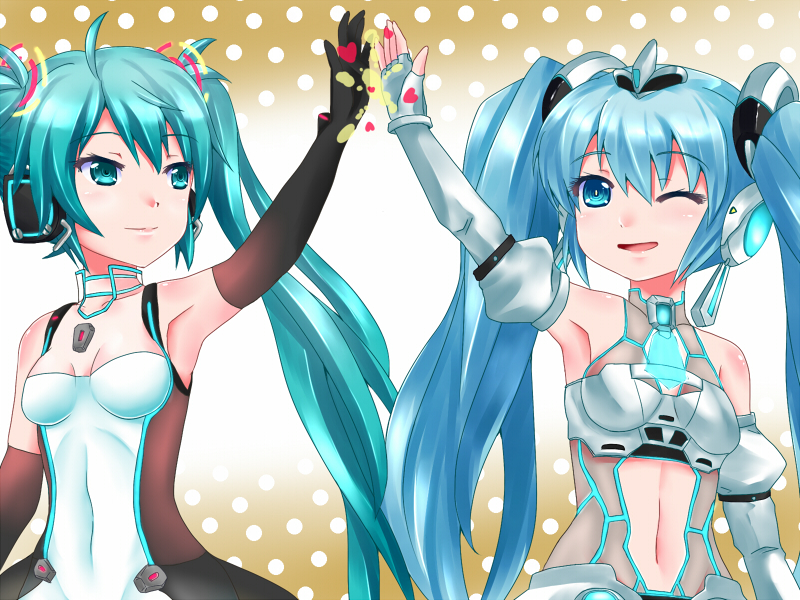 2girls, alternate_costume, aqua_eyes, aqua_hair, arm_up, armpits, bare_shoulders, dual_persona