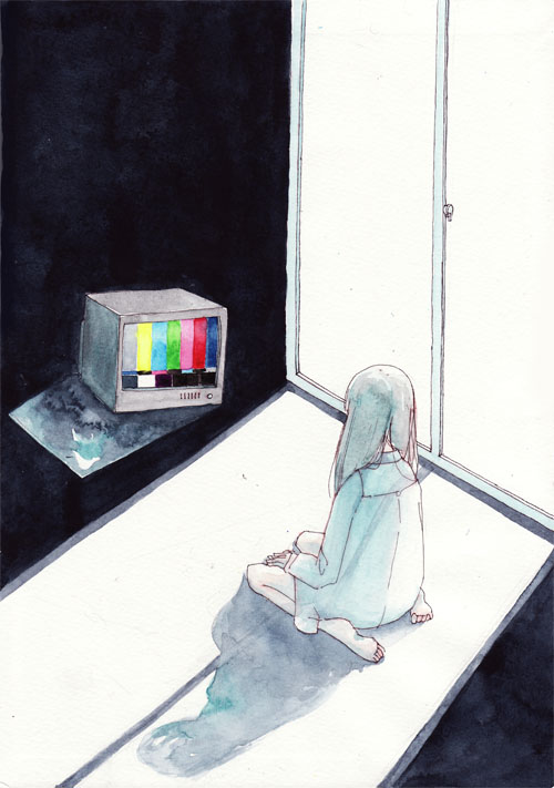 bare_legs, barefoot, black_hair, dress_shirt, from_behind, kafka_(bianor-peacock), long_hair, naked_shirt, original, shirt, sitting, sliding_doors, solo, television, test_card, traditional_media, wariza, watercolor_(medium)