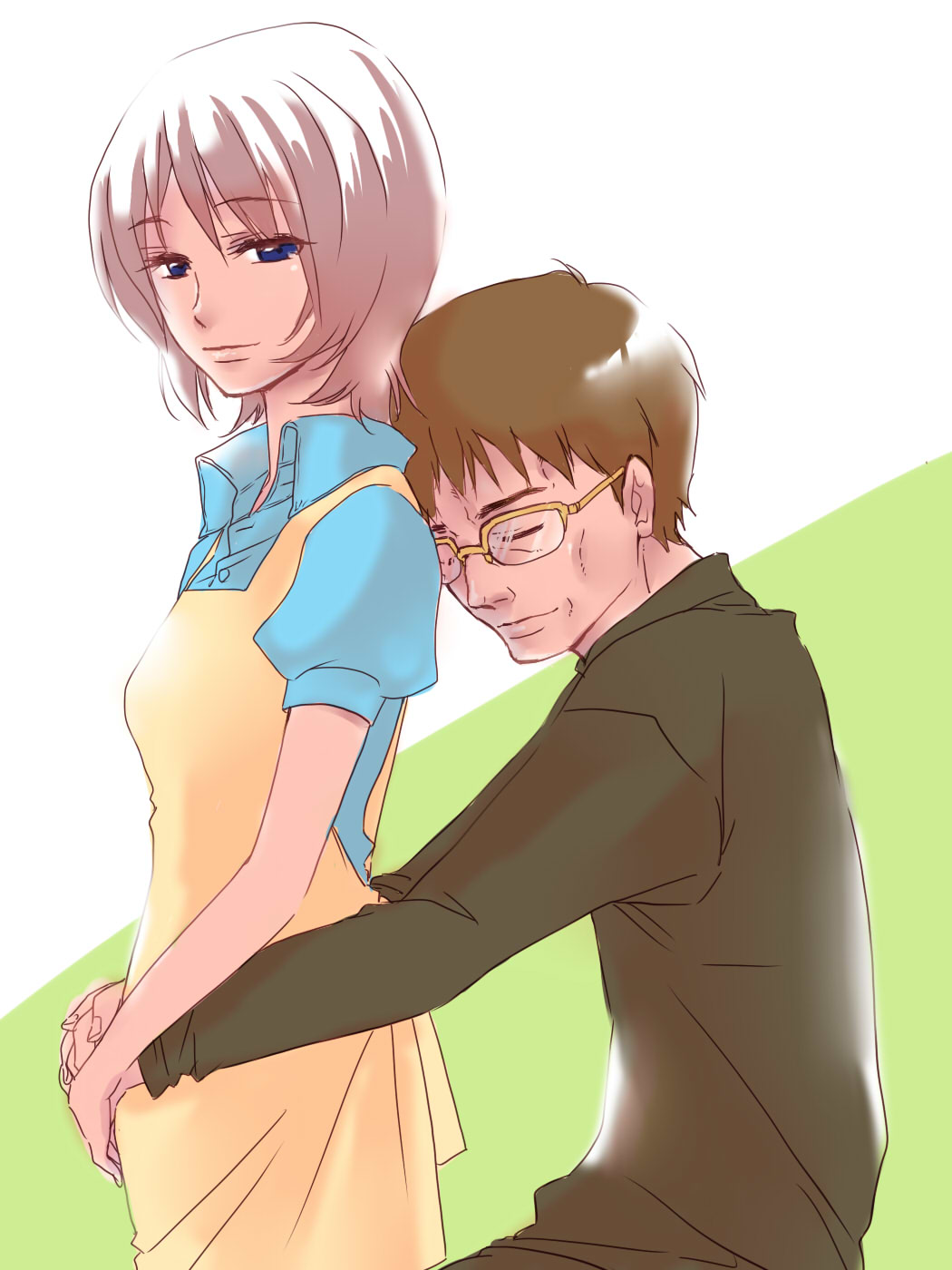 blue_eyes, brown_hair, closed_eyes, couple, eyes_closed, formal, glasses, hand_holding