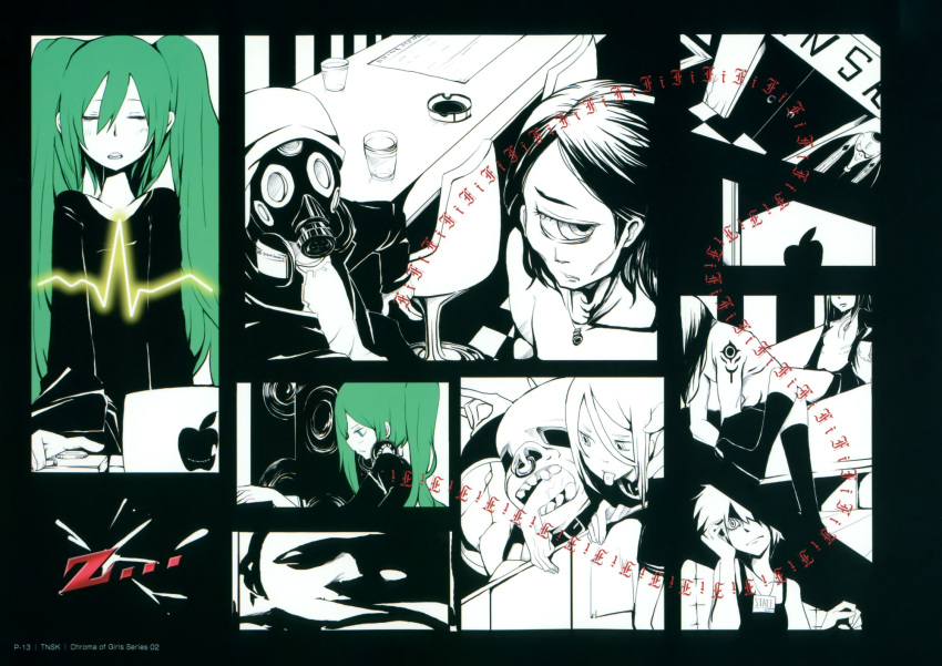 comic, gas_mask, gasmask, green_hair, hatsune_miku, headphones, high_contrast, highres