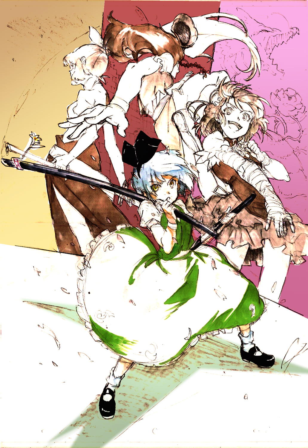 bandage, bandages, double_bun, dragon, from_behind, fujiwara_no_mokou, hat, highres