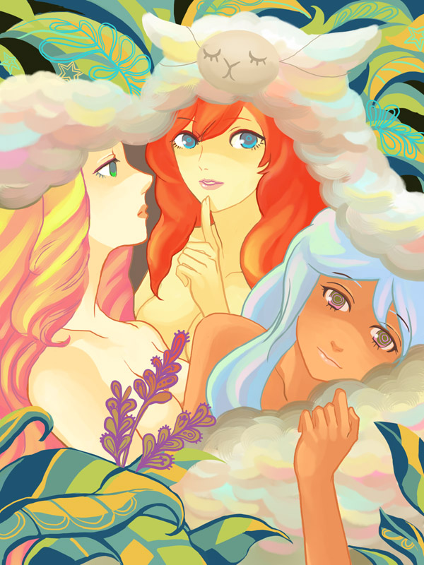 blonde_hair, blue_eyes, blue_hair, dark_skin, finger_on_face, finger_to_face, flower, green_eyes