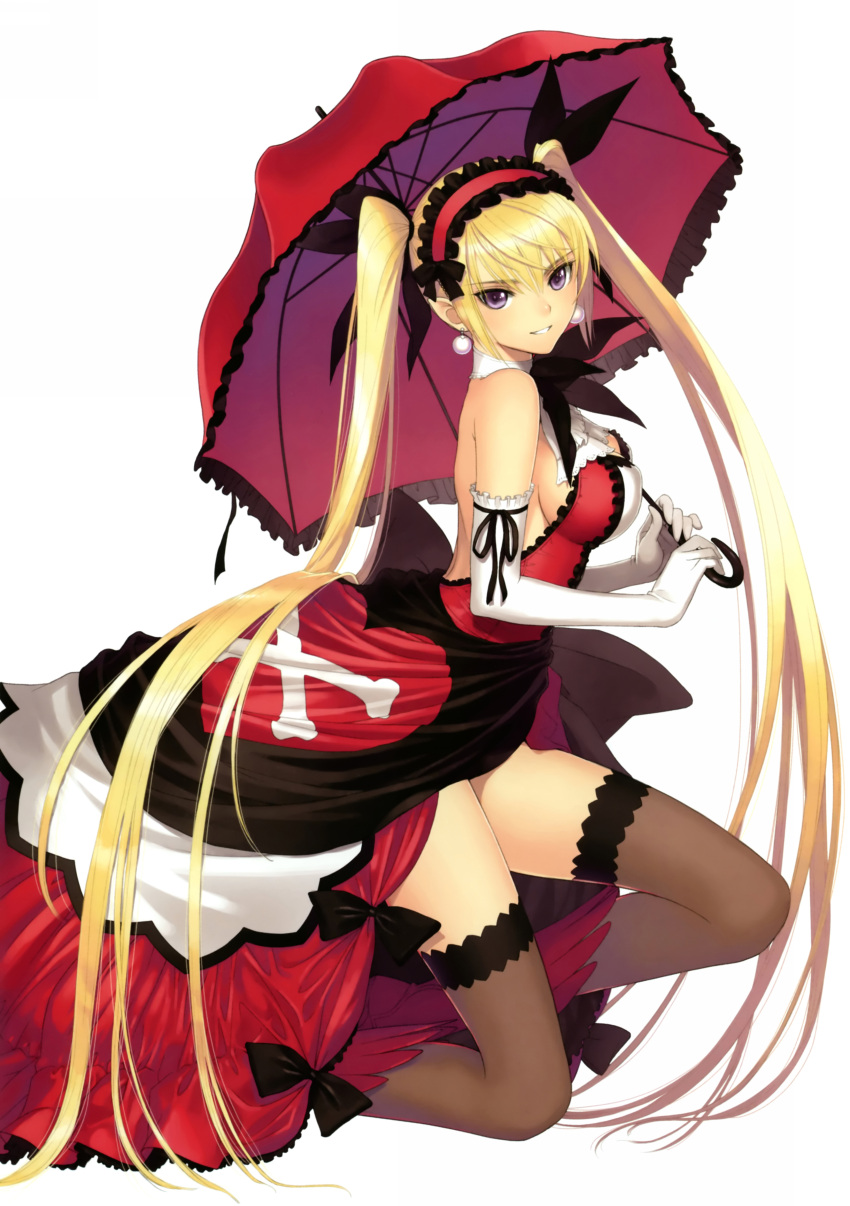 absurdres, bare_shoulders, black_legwear, blonde_hair, breasts, dress, earrings, elbow_gloves, elf, gloves, highres, jewelry, large_breasts, legs, lolita_hairband, lolita_headband, long_hair, looking_at_viewer, mistral_(shining_hearts), one_knee, pointy_ears, purple_eyes, red_dress, shining_(series), shining_hearts, sideboob, smile, solo, taka_tony, tanaka_takayuki, thigh-highs, thighhighs, twintails, umbrella, very_long_hair, violet_eyes, white_gloves