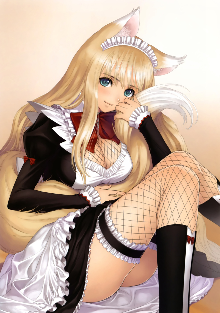 absurdres, animal_ears, apron, blonde_hair, boots, bow, breasts, cleavage