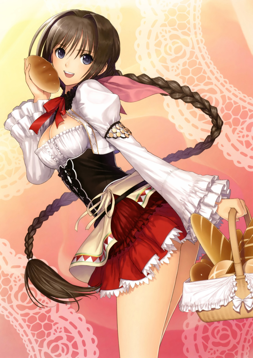 1girl, :d, absurdres, apron, basket, blue_eyes, braid, bread, breasts, brown_hair, cleavage, cleavage_cutout, corset, female, food, highres, leaning_forward, long_braid, long_hair, long_sleeves, looking_at_viewer, miniskirt, neris_(shining_hearts), open_mouth, puffy_long_sleeves, puffy_sleeves, shining_(series), shining_hearts, single_braid, skirt, smile, solo, taka_tony, tanaka_takayuki, upper_teeth, very_long_hair