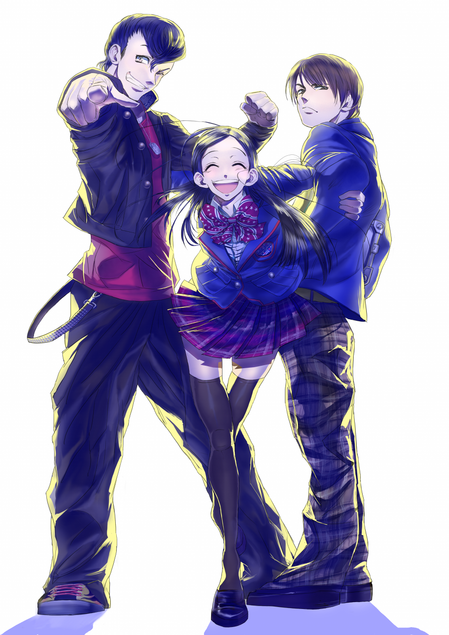 2boys, black_hair, brown_hair, female, foreshortening, highres, japomen, joujima_yuuki, kamen_rider, kamen_rider_fourze_(series), kisaragi_gentaro, kisaragi_gentarou, long_hair, male, multiple_boys, school_uniform, skirt, utahoshi_kengo