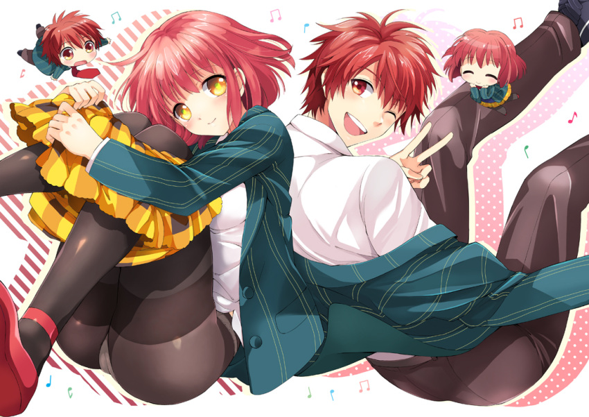 chibi, ittoki_otoya, nanami_haruka_(utapri), panties, pantyhose, red_hair, seifuku, underwear, uta_no_prince-sama, wink