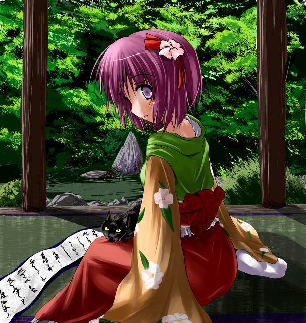 black_cat, blush, cat, flower, from_behind, hair_flower, hair_ornament, hieda_no_akyuu